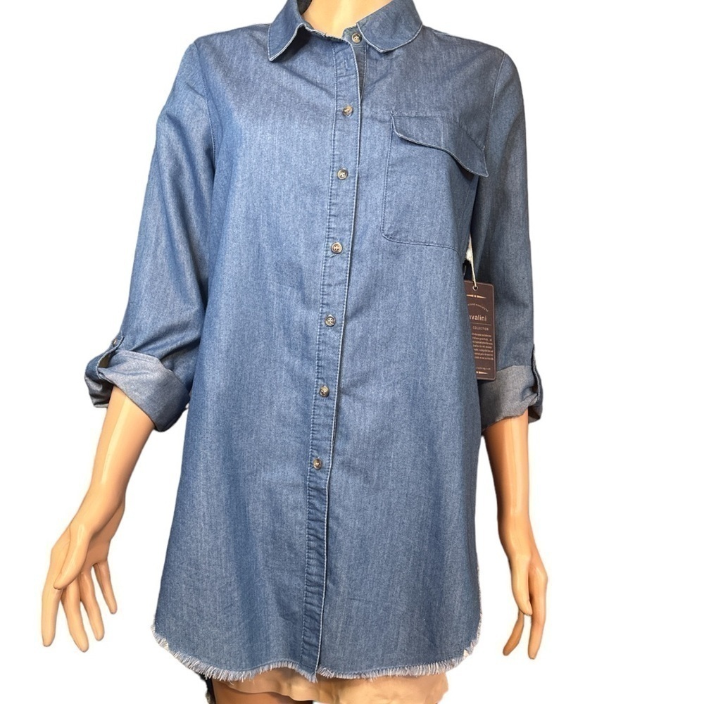 Cavalini Denim Collection Blue Button Down Shirt Tunic w/ High Low Raw Hem
